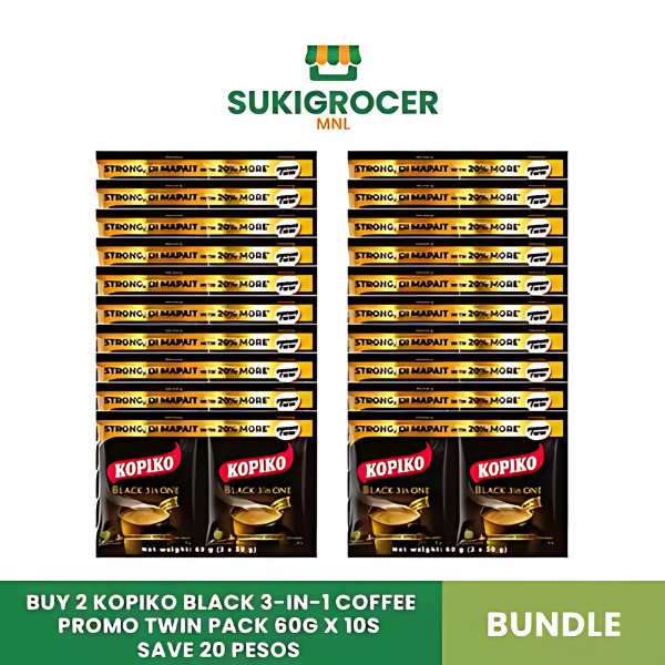 Buy 2 Kopiko Black 3-in-1 Coffee Promo Twin Pack 60G x 10s SAVE 20 Pesos [Expiration: Nov 13, 2025]