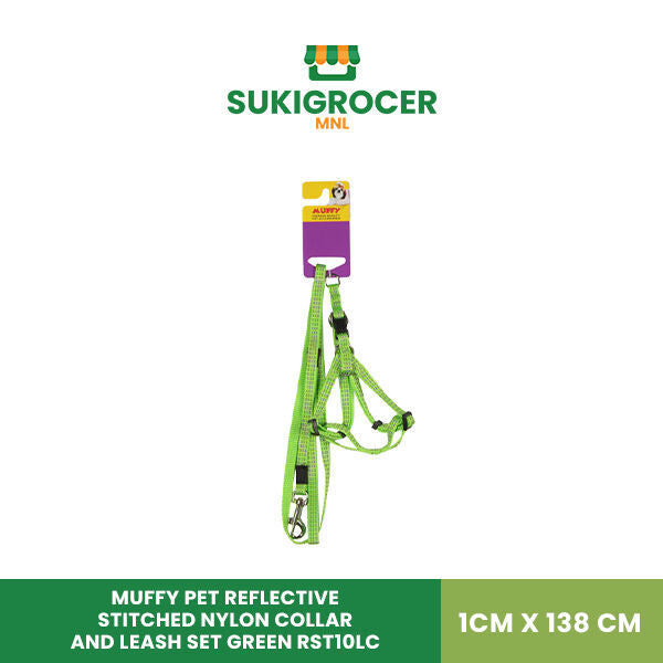 Muffy Pet Reflective Stitched Nylon Collar and Leash Set Green RST10LC 1CM x 138 CM