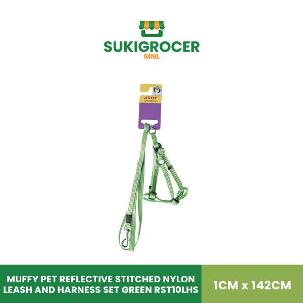 Muffy Pet Reflective Stitched Nylon Leash and Harness Set Green RST10LHS 1CM x 142CM