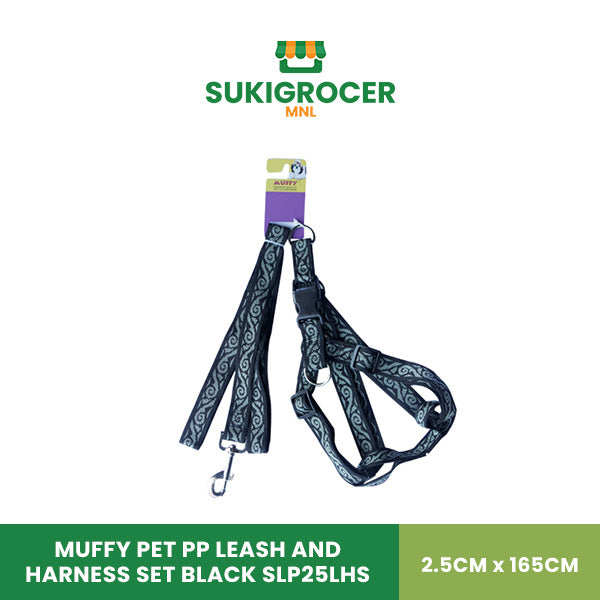 Muffy Pet PP Leash and Harness Set Black SLP25LHS 2.5CM x 165CM