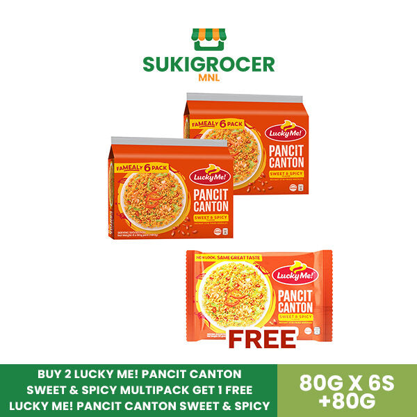 Buy 2 Lucky Me! Pancit Canton Sweet and Spicy Multipack Get 1 Free Lucky Me! Pancit Canton Sweet & Spicy 80g x 6s + 80g