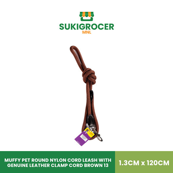Muffy Pet Round Nylon Cord Leash with Genuine Leather Clamp Cord Brown 13 1.3CM x 120CM