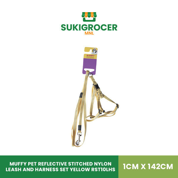 Muffy Pet Reflective Stitched Nylon Leash and Harness Set Yellow RST10LHS 1CM x 142CM