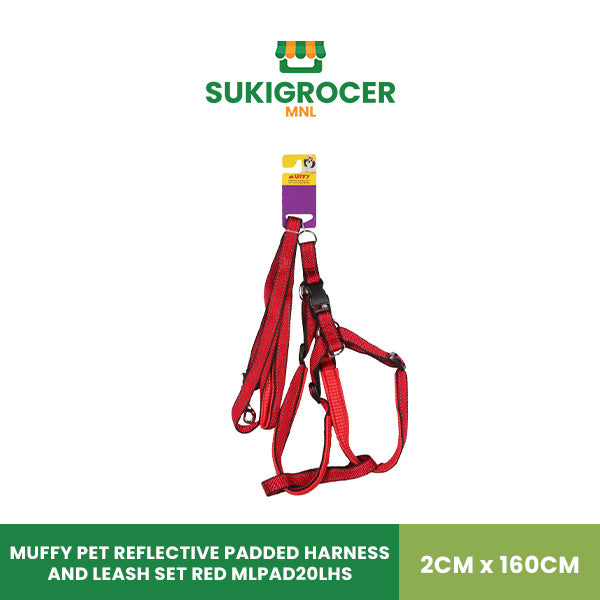 Muffy Pet Reflective Padded Harness and Leash Set Red MLPAD20LHS 2CM x 160CM